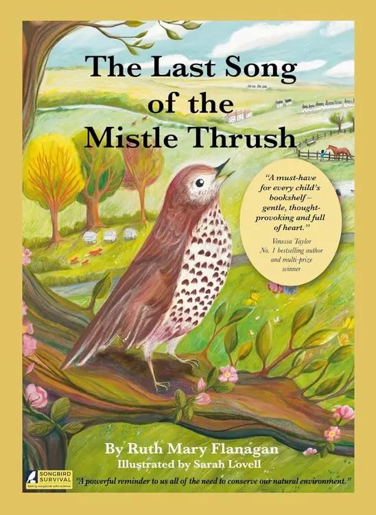 A book cover illustration of a mistle thrush bird singing in a tree, in the background there is a countryside scene with trees, wildlife and houses